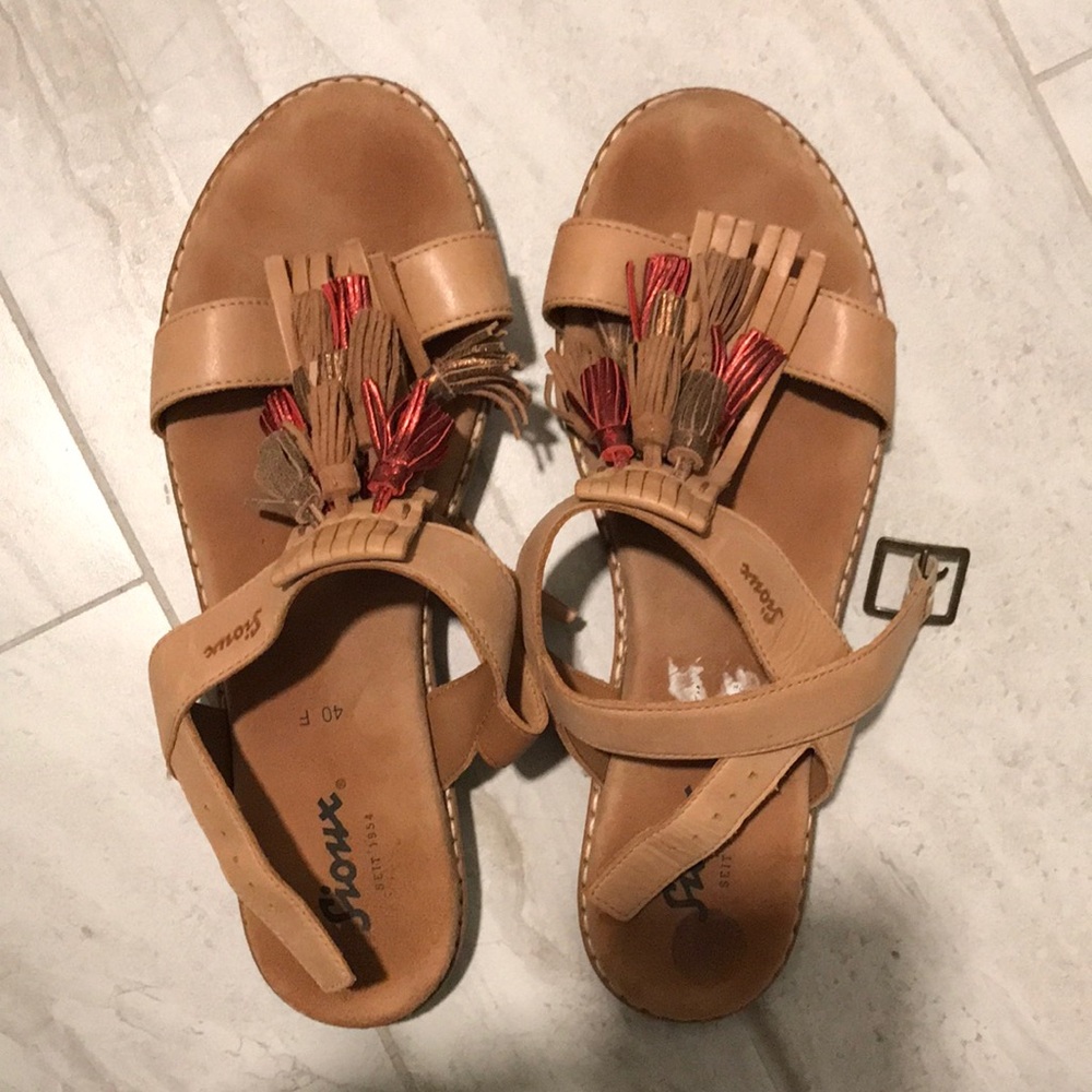 Tan and Red Sandals with Tassel Detail